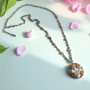 Vintage Lia Sophia Gold Tone Chain Necklace and Pendant Orange White Faux Pearls
